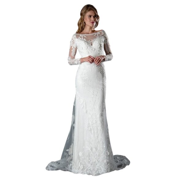 Stella Couture NWT Off White Lace Sleeve Mermaid Gown Size 12